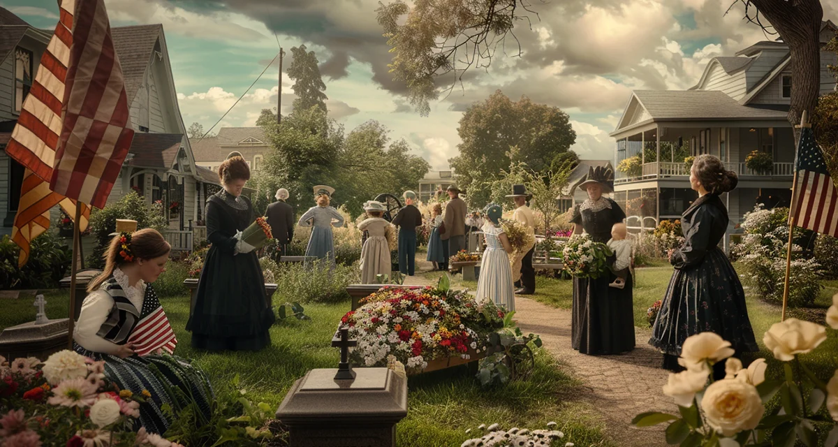 Civil War: Women mourning at graves adorned with flowers and flags - Memorial Day