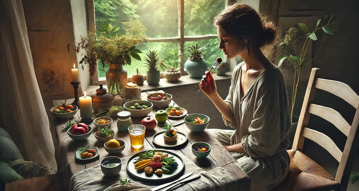 Someone engaging in the practice of mindful eating.