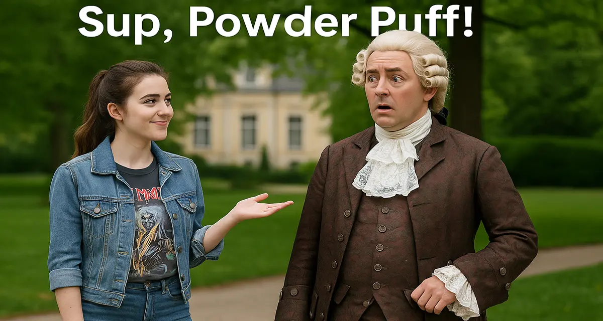 Sup, Powder Puff. A modern woman greeting casually a 1700 man, scared by her greeting.